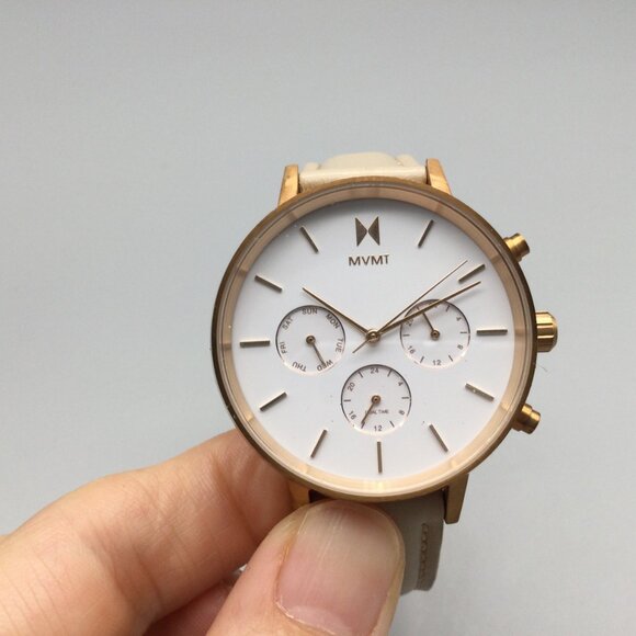 MVMT Nova Luna Watch Women Gold Tone Beige Leather Band Chronograph New Battery - Picture 7 of 15